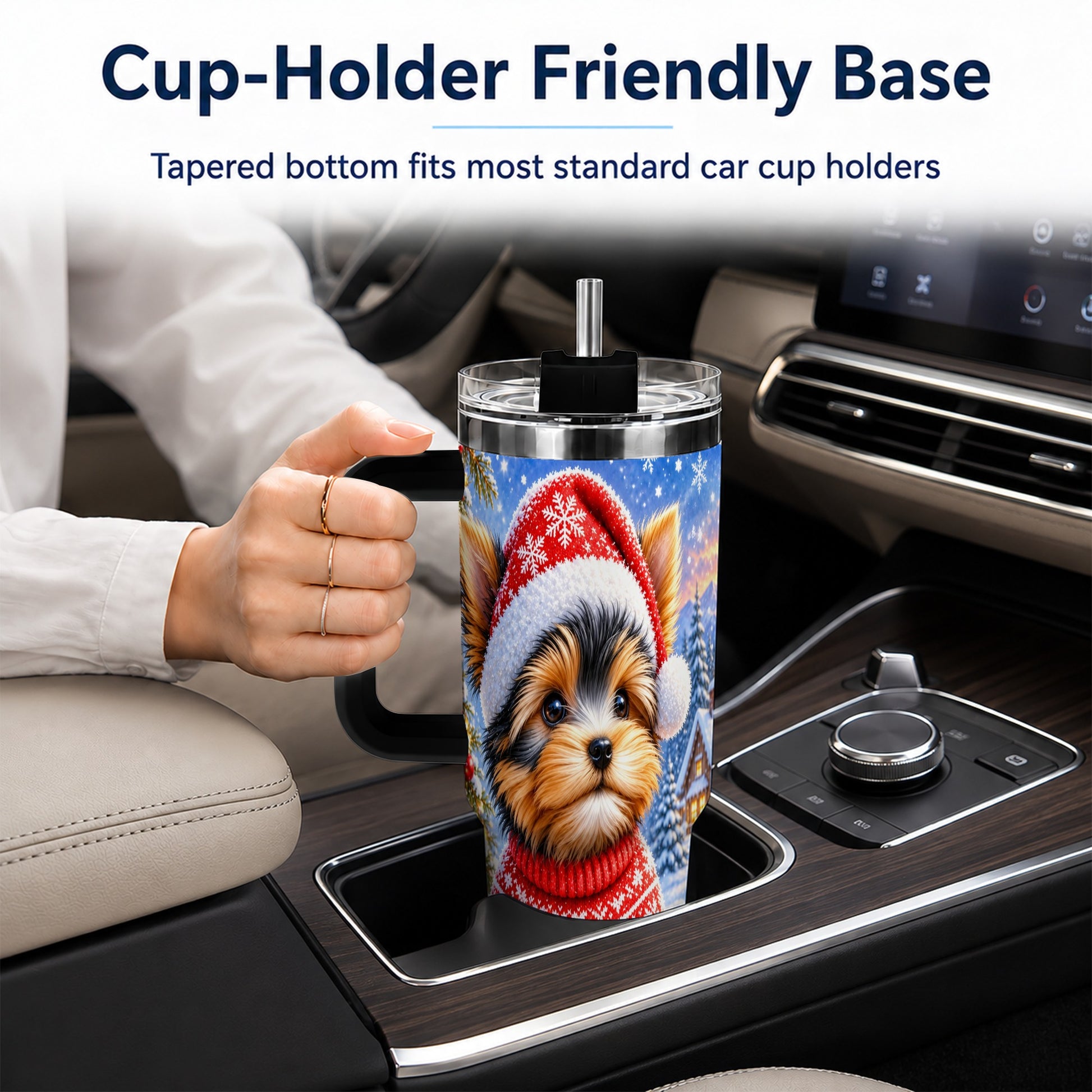 #pl[40oz|Black] Santa Yorkie 40oz Tumbler with Handle, Snowy Dog Stainless Steel Cup