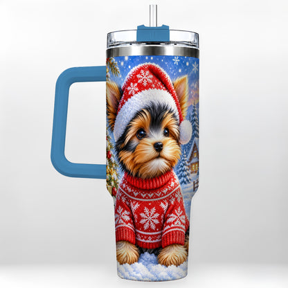 #pl[40oz|Blue] Santa Yorkie 40oz Tumbler with Handle, Snowy Dog Stainless Steel Cup