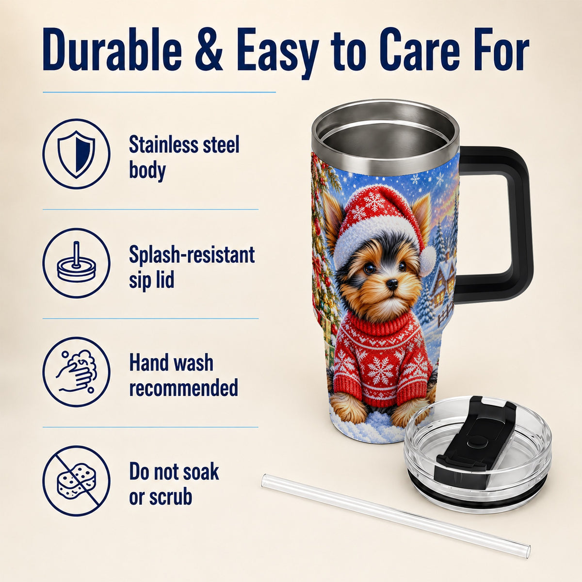 #pl[40oz|Black] Santa Yorkie 40oz Tumbler with Handle, Snowy Dog Stainless Steel Cup