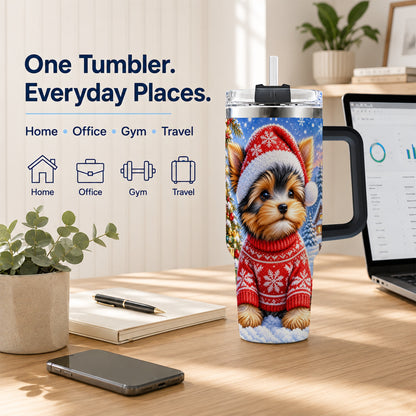 #pl[40oz|Black] Santa Yorkie 40oz Tumbler with Handle, Snowy Dog Stainless Steel Cup