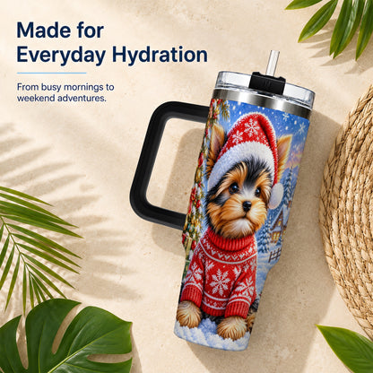 #pl[40oz|Black] Santa Yorkie 40oz Tumbler with Handle, Snowy Dog Stainless Steel Cup