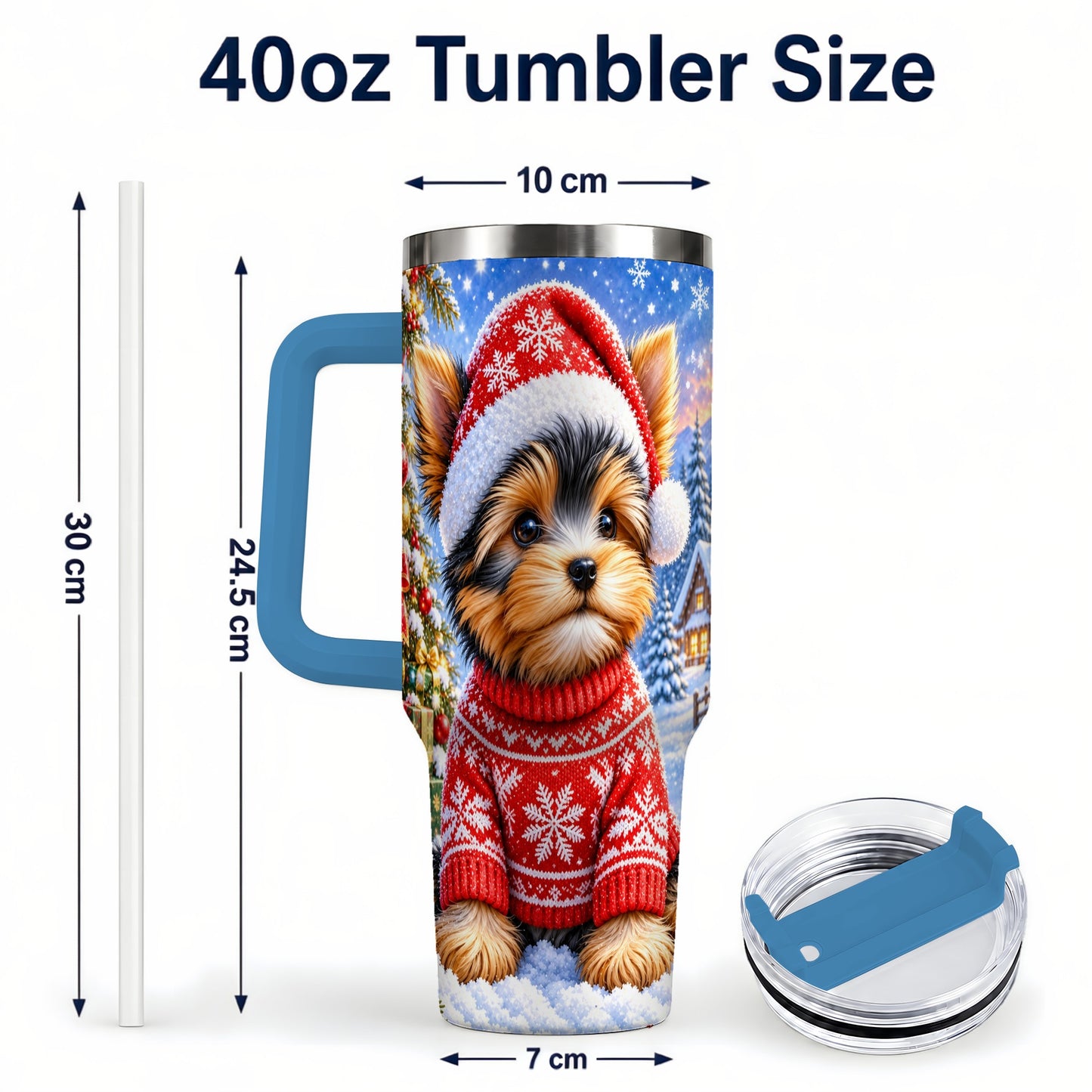 #pl[40oz|Blue] Santa Yorkie 40oz Tumbler with Handle, Snowy Dog Stainless Steel Cup