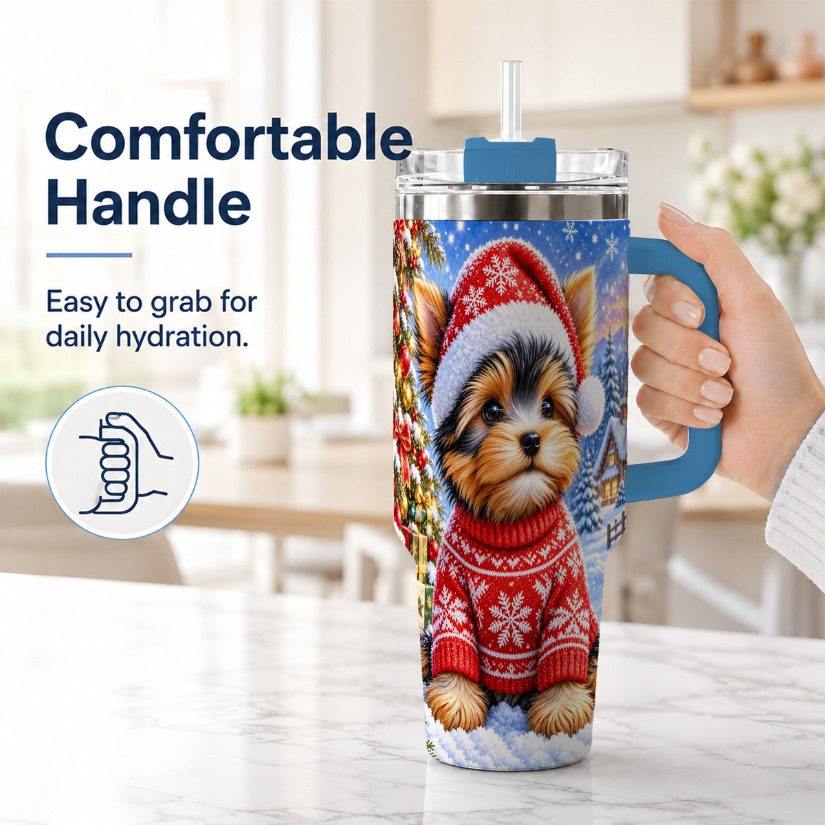 #pl[40oz|Blue] Santa Yorkie 40oz Tumbler with Handle, Snowy Dog Stainless Steel Cup