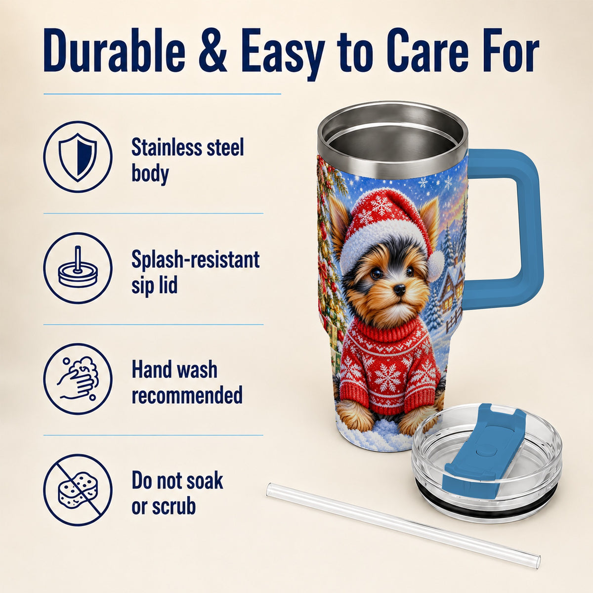 #pl[40oz|Blue] Santa Yorkie 40oz Tumbler with Handle, Snowy Dog Stainless Steel Cup