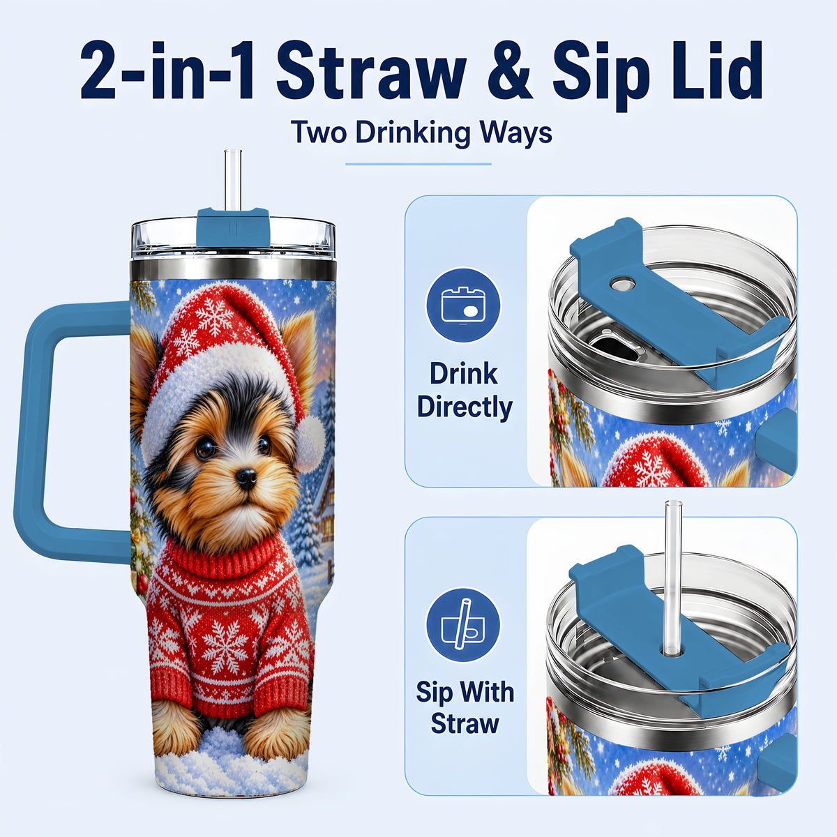 #pl[40oz|Blue] Santa Yorkie 40oz Tumbler with Handle, Snowy Dog Stainless Steel Cup