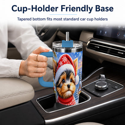 #pl[40oz|Blue] Santa Yorkie 40oz Tumbler with Handle, Snowy Dog Stainless Steel Cup