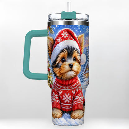 #pl[40oz|Green] Santa Yorkie 40oz Tumbler with Handle, Snowy Dog Stainless Steel Cup