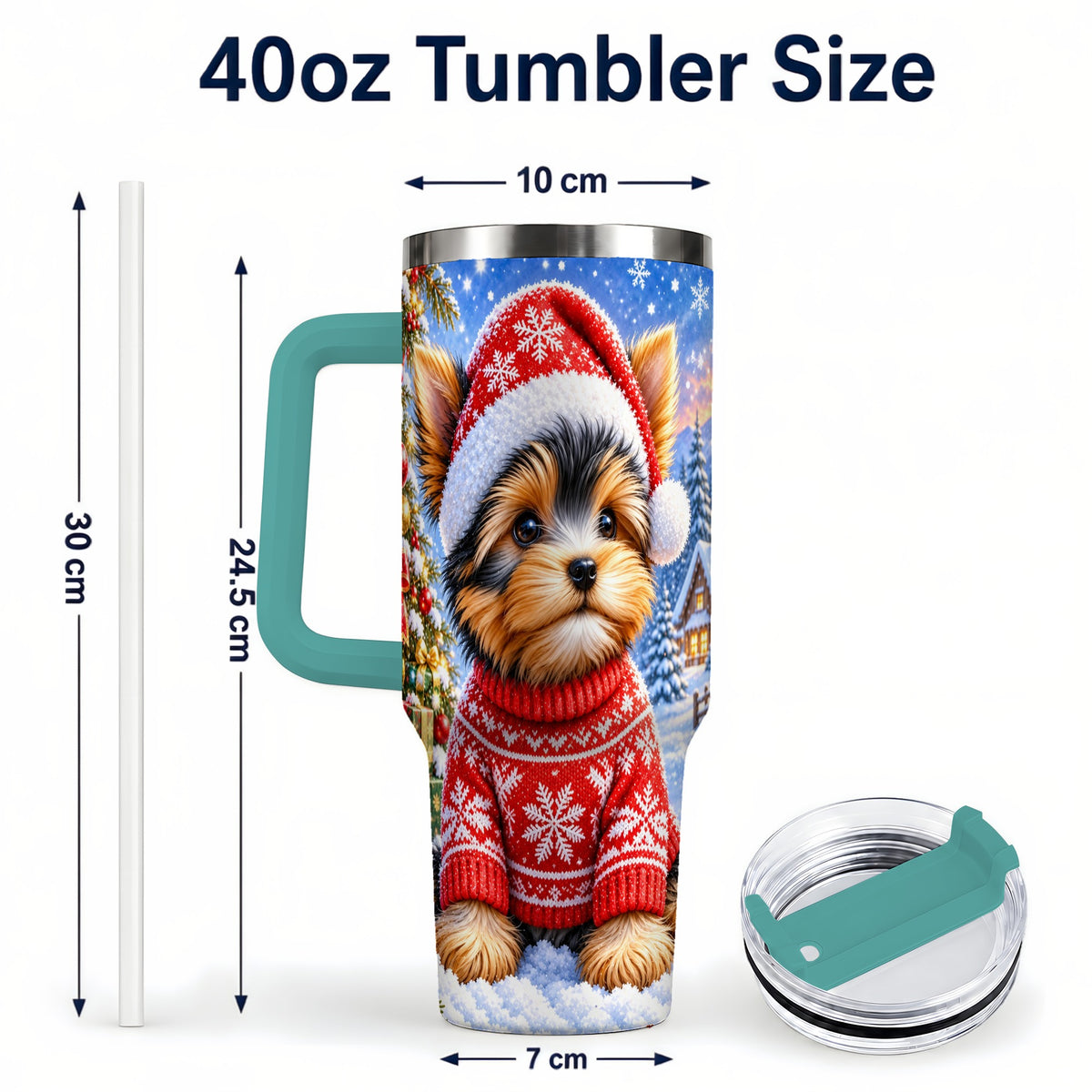 #pl[40oz|Green] Santa Yorkie 40oz Tumbler with Handle, Snowy Dog Stainless Steel Cup