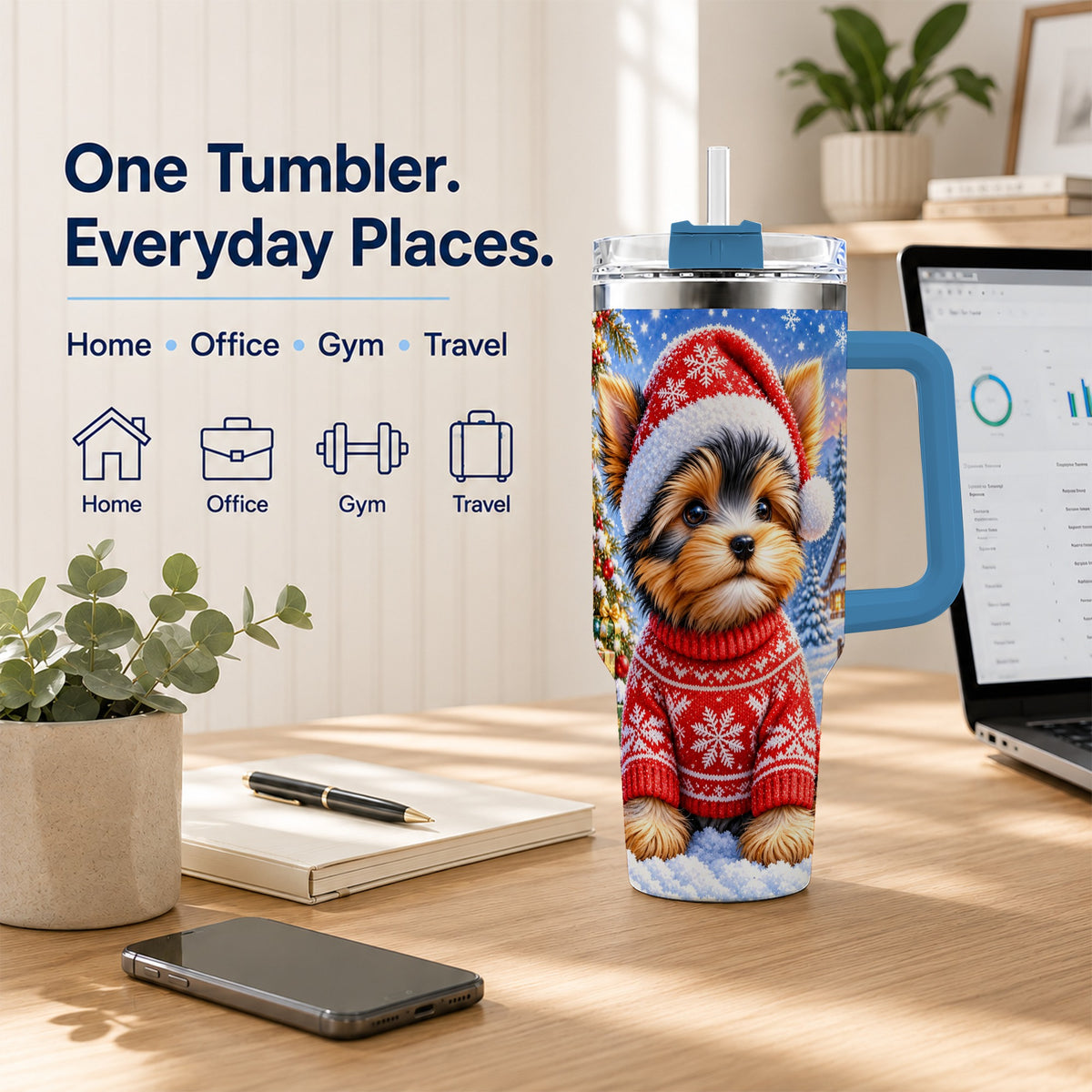 #pl[40oz|Blue] Santa Yorkie 40oz Tumbler with Handle, Snowy Dog Stainless Steel Cup