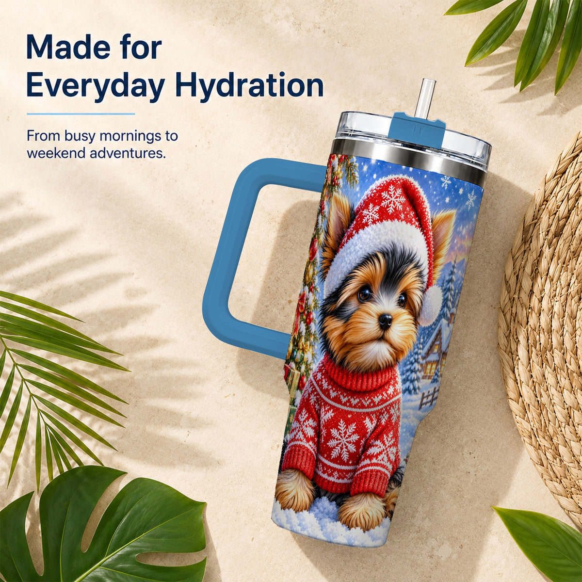 #pl[40oz|Blue] Santa Yorkie 40oz Tumbler with Handle, Snowy Dog Stainless Steel Cup