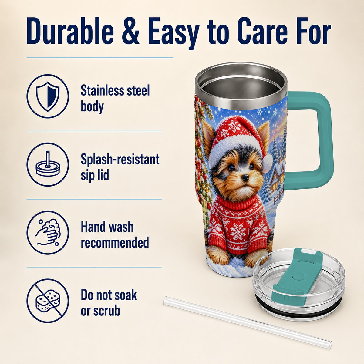 #pl[40oz|Green] Santa Yorkie 40oz Tumbler with Handle, Snowy Dog Stainless Steel Cup