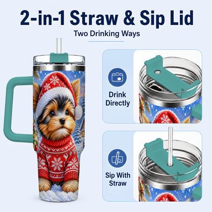 #pl[40oz|Green] Santa Yorkie 40oz Tumbler with Handle, Snowy Dog Stainless Steel Cup