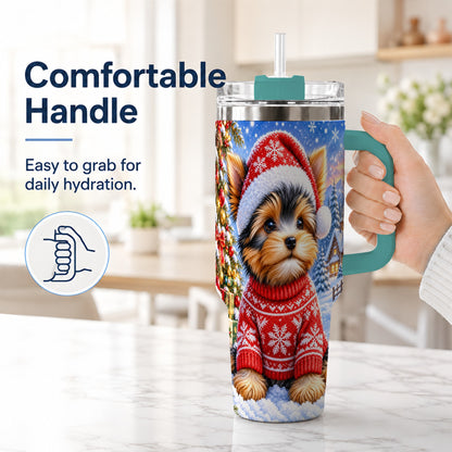 #pl[40oz|Green] Santa Yorkie 40oz Tumbler with Handle, Snowy Dog Stainless Steel Cup