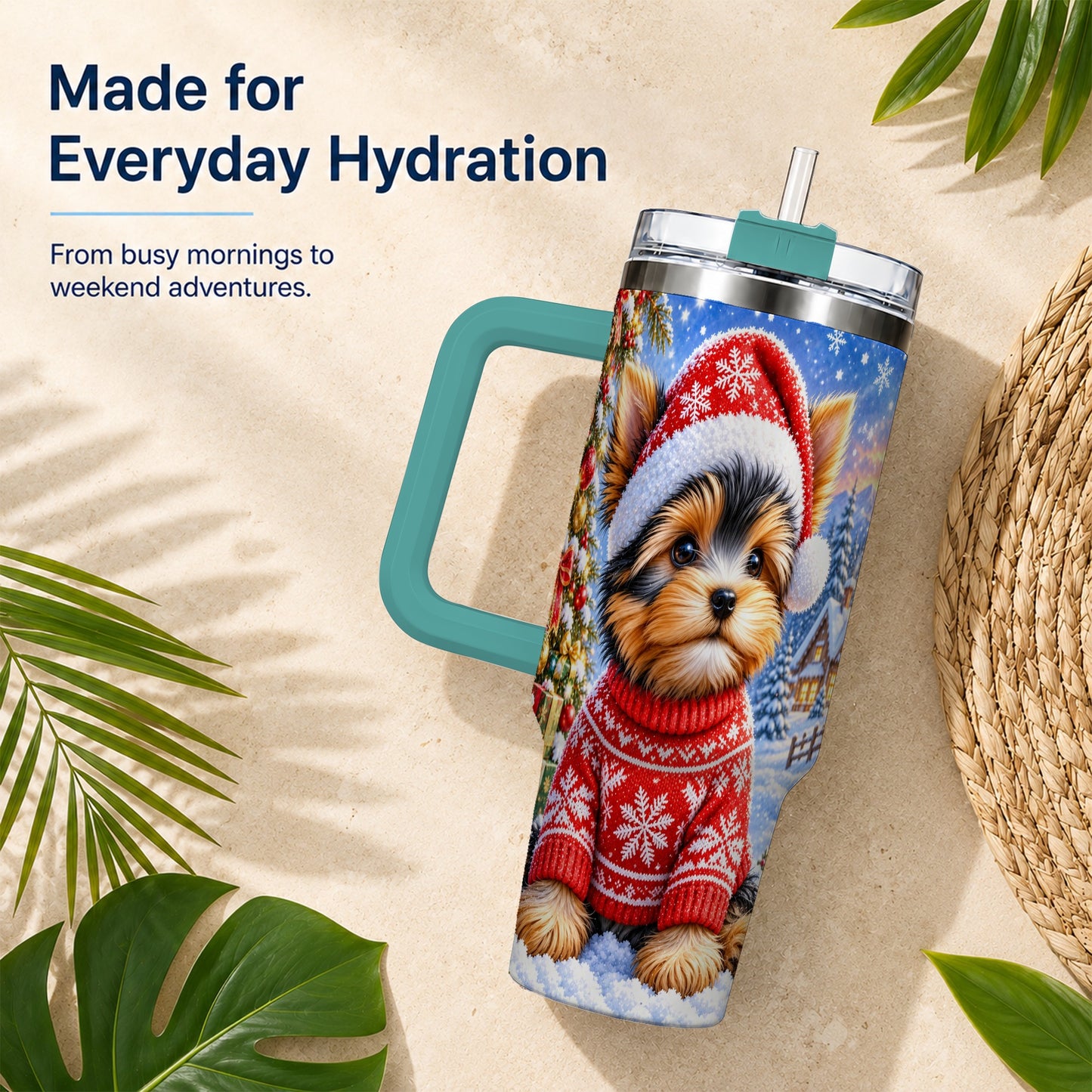 #pl[40oz|Green] Santa Yorkie 40oz Tumbler with Handle, Snowy Dog Stainless Steel Cup