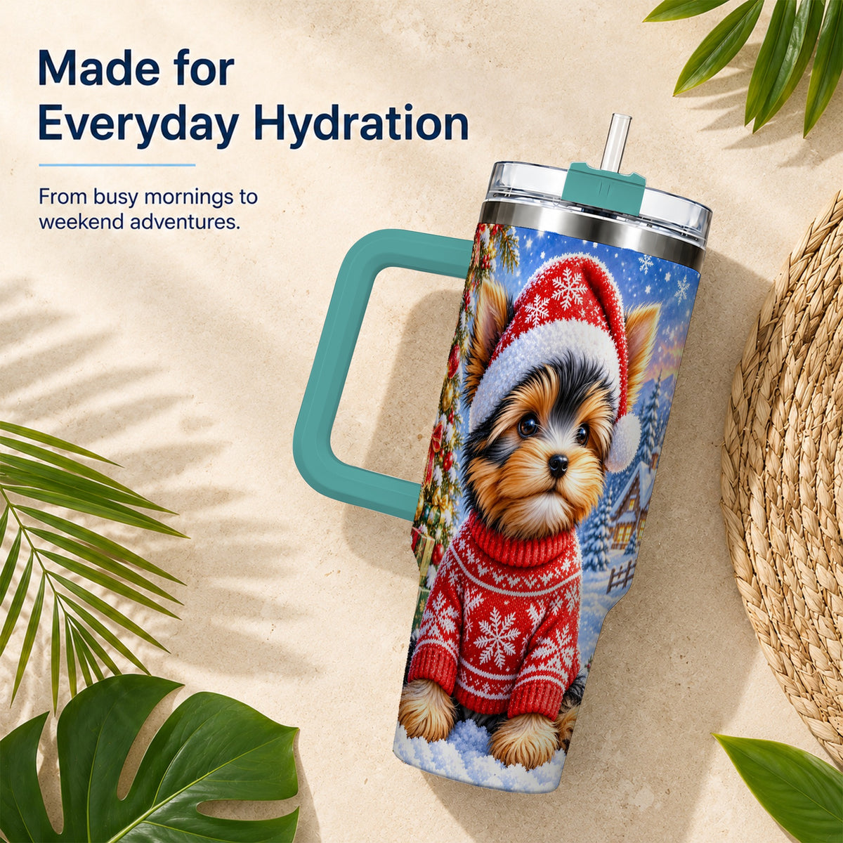 #pl[40oz|Green] Santa Yorkie 40oz Tumbler with Handle, Snowy Dog Stainless Steel Cup