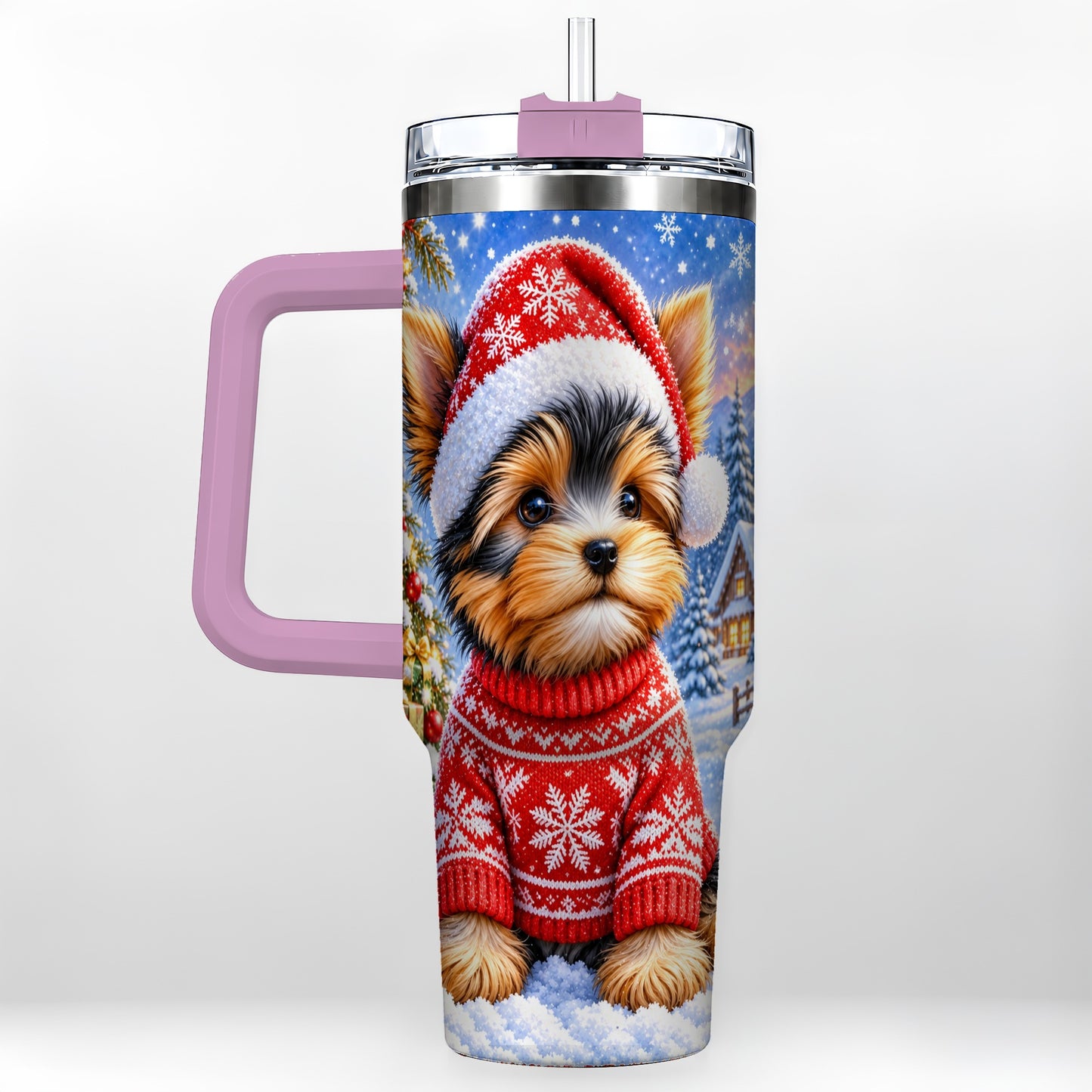 #pl[40oz|Pink] Santa Yorkie 40oz Tumbler with Handle, Snowy Dog Stainless Steel Cup