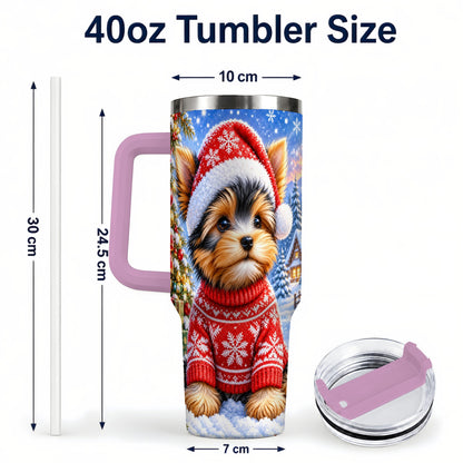 #pl[40oz|Pink] Santa Yorkie 40oz Tumbler with Handle, Snowy Dog Stainless Steel Cup