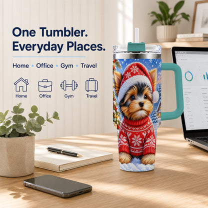 #pl[40oz|Green] Santa Yorkie 40oz Tumbler with Handle, Snowy Dog Stainless Steel Cup