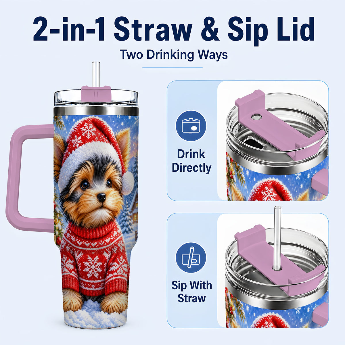 #pl[40oz|Pink] Santa Yorkie 40oz Tumbler with Handle, Snowy Dog Stainless Steel Cup