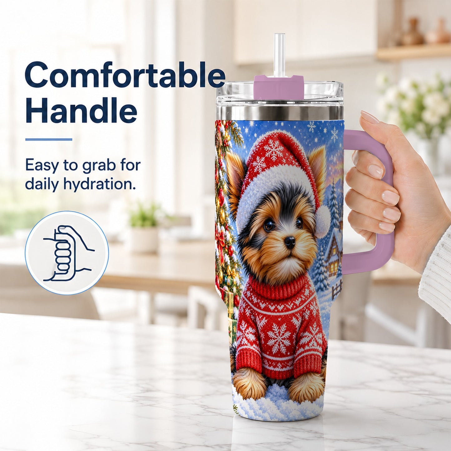 #pl[40oz|Pink] Santa Yorkie 40oz Tumbler with Handle, Snowy Dog Stainless Steel Cup