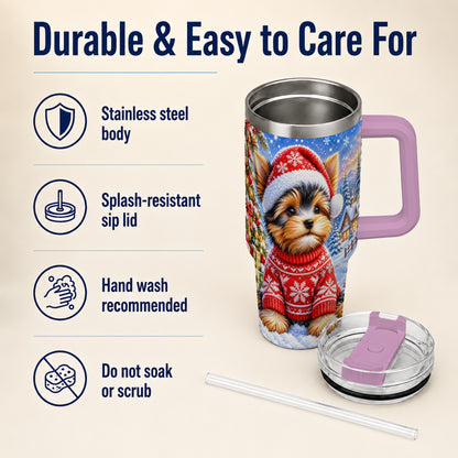 #pl[40oz|Pink] Santa Yorkie 40oz Tumbler with Handle, Snowy Dog Stainless Steel Cup