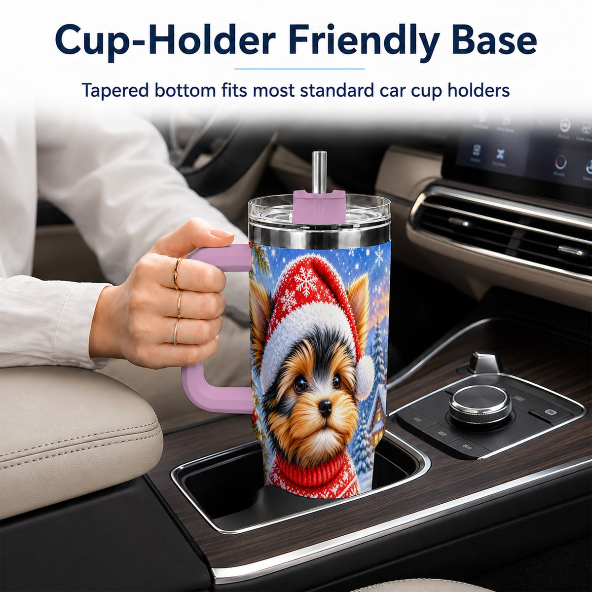 #pl[40oz|Pink] Santa Yorkie 40oz Tumbler with Handle, Snowy Dog Stainless Steel Cup