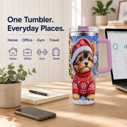 #pl[40oz|Pink] Santa Yorkie 40oz Tumbler with Handle, Snowy Dog Stainless Steel Cup