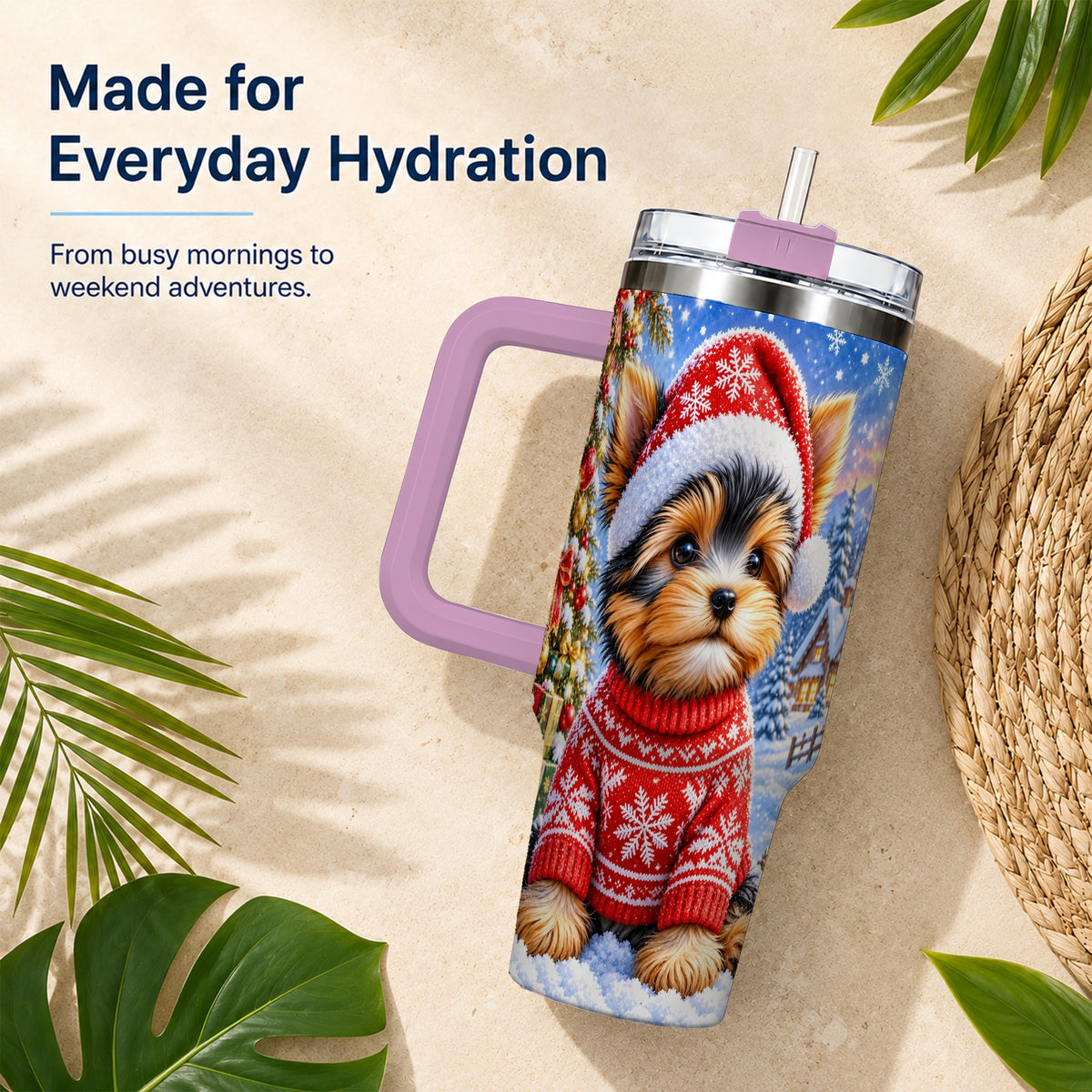 #pl[40oz|Pink] Santa Yorkie 40oz Tumbler with Handle, Snowy Dog Stainless Steel Cup
