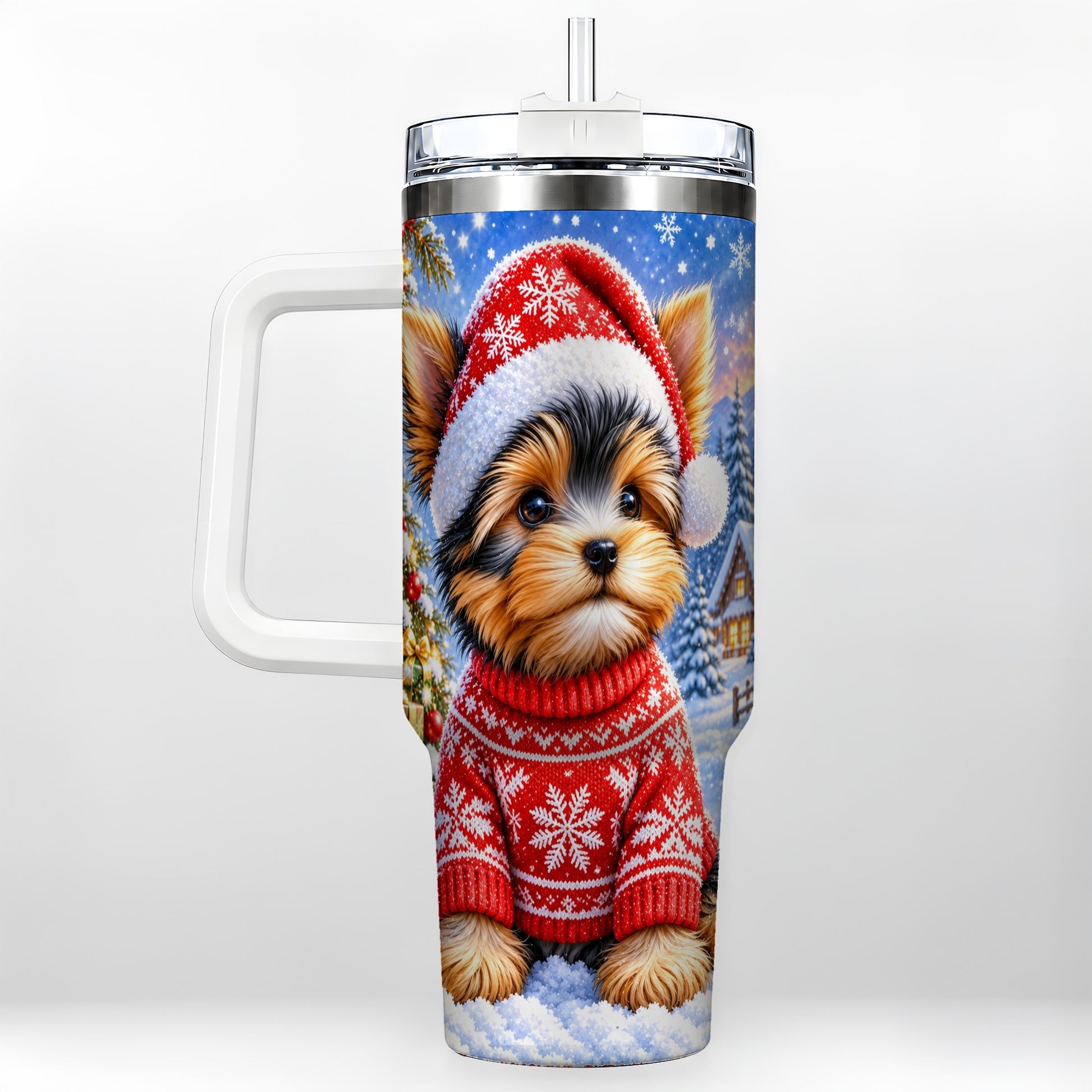Santa Yorkie 40oz Tumbler with Handle, Snowy Dog Stainless Steel Cup