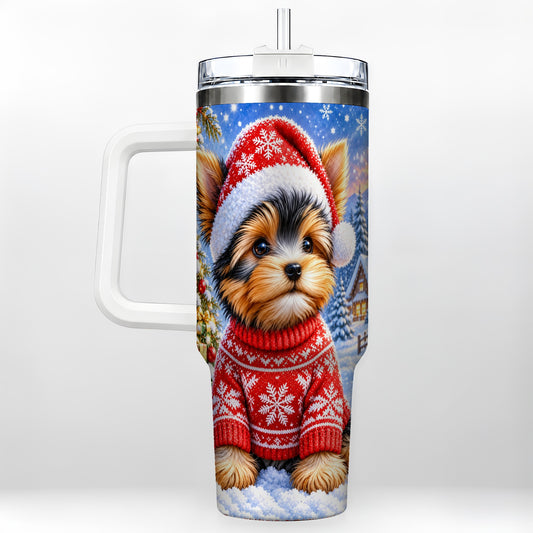 Santa Yorkie 40oz Tumbler with Handle, Snowy Dog Stainless Steel Cup