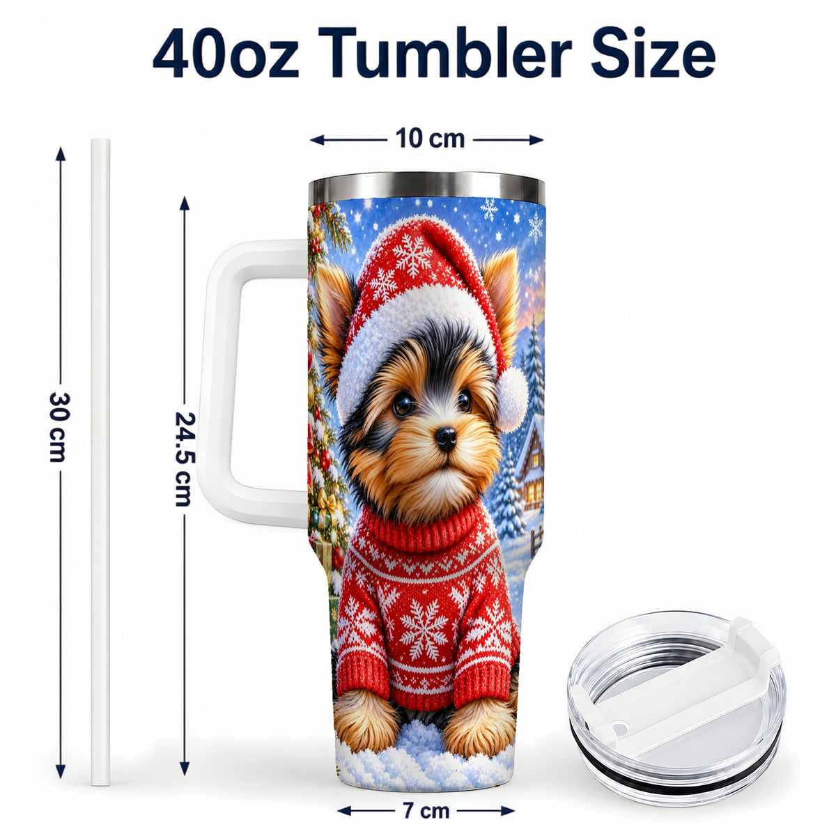 #pl[40oz|White] Santa Yorkie 40oz Tumbler with Handle, Snowy Dog Stainless Steel Cup