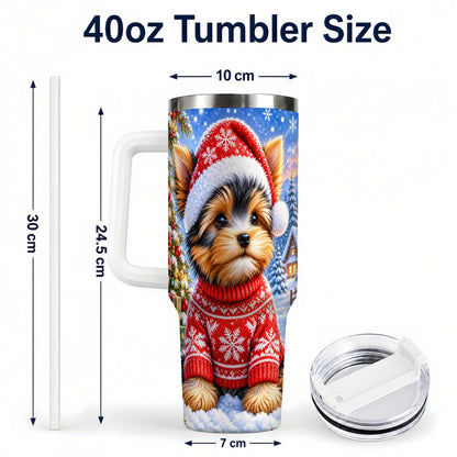 #pl[40oz|White] Santa Yorkie 40oz Tumbler with Handle, Snowy Dog Stainless Steel Cup