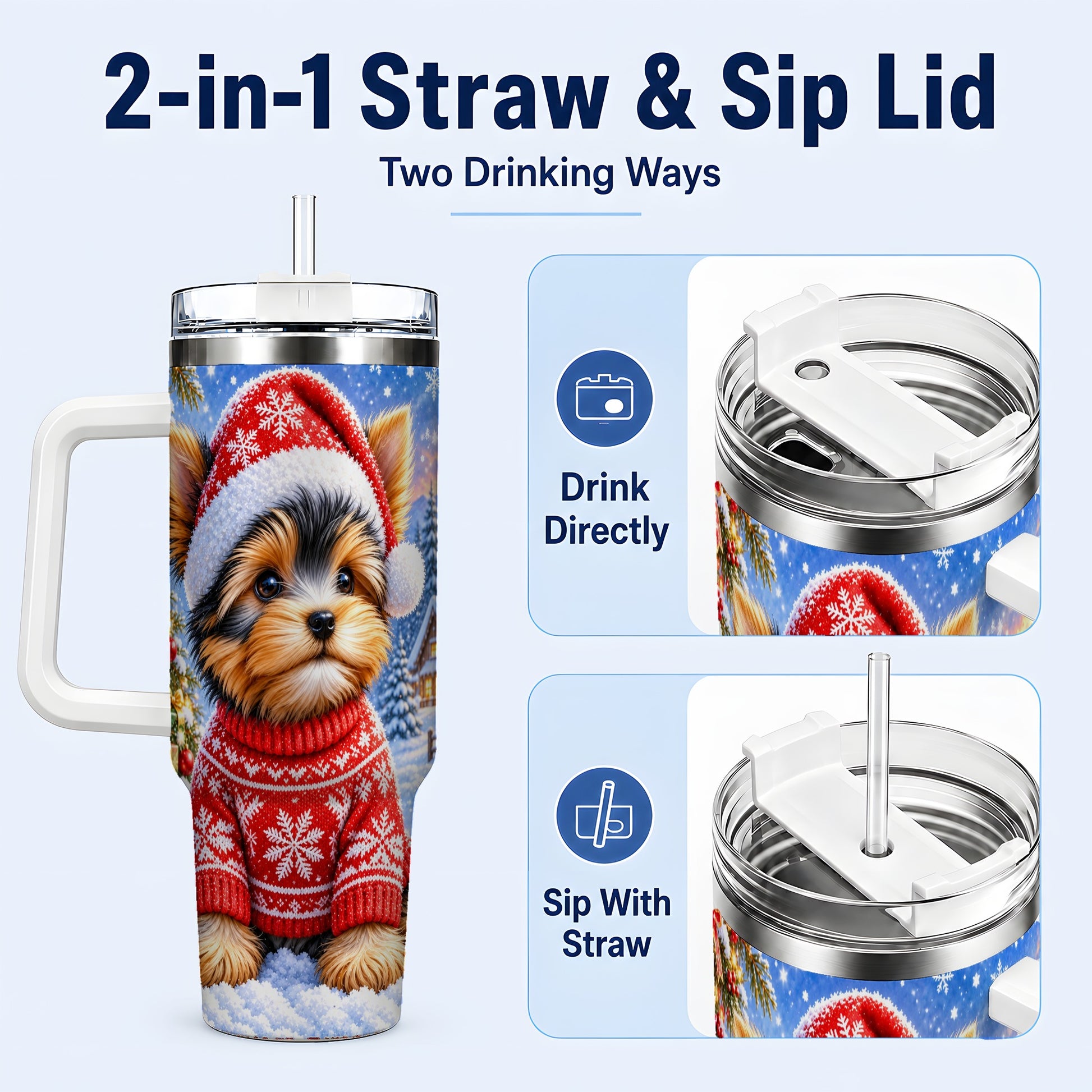 #pl[40oz|White] Santa Yorkie 40oz Tumbler with Handle, Snowy Dog Stainless Steel Cup