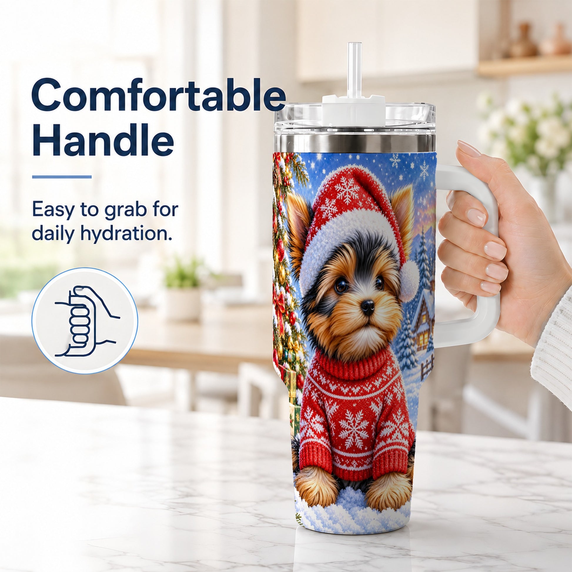 #pl[40oz|White] Santa Yorkie 40oz Tumbler with Handle, Snowy Dog Stainless Steel Cup