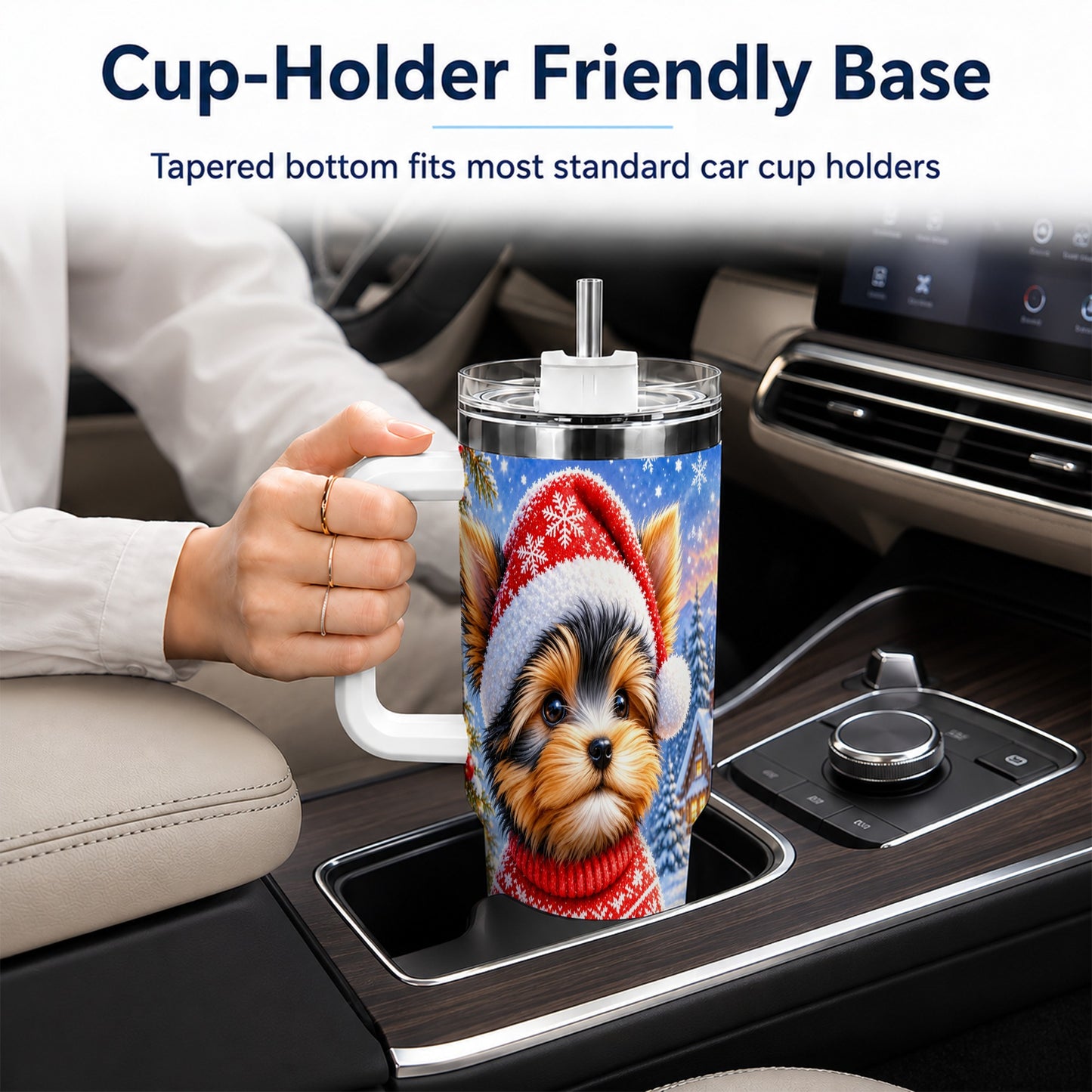 #pl[40oz|White] Santa Yorkie 40oz Tumbler with Handle, Snowy Dog Stainless Steel Cup
