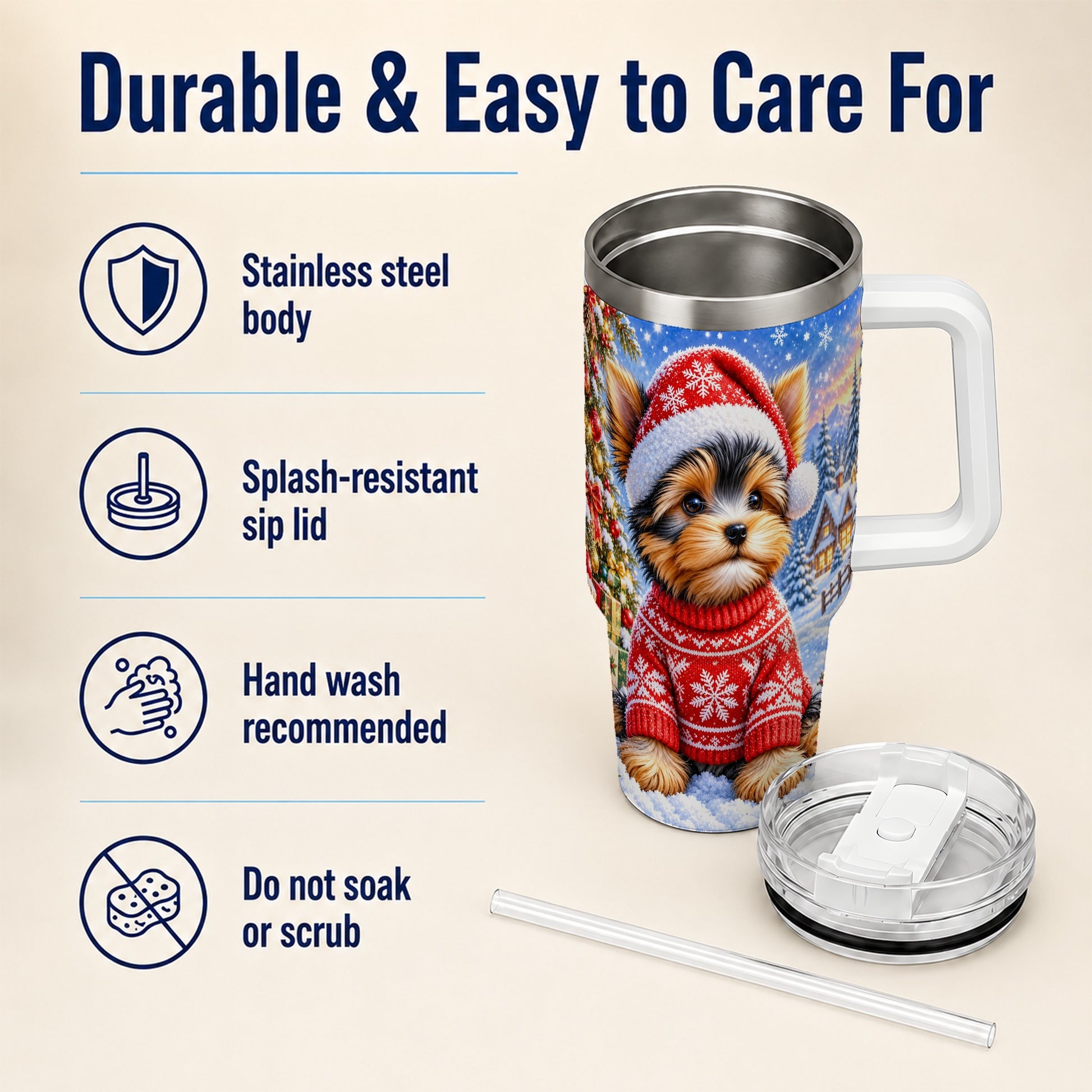 #pl[40oz|White] Santa Yorkie 40oz Tumbler with Handle, Snowy Dog Stainless Steel Cup