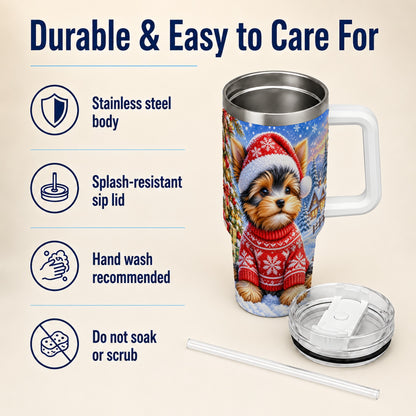#pl[40oz|White] Santa Yorkie 40oz Tumbler with Handle, Snowy Dog Stainless Steel Cup