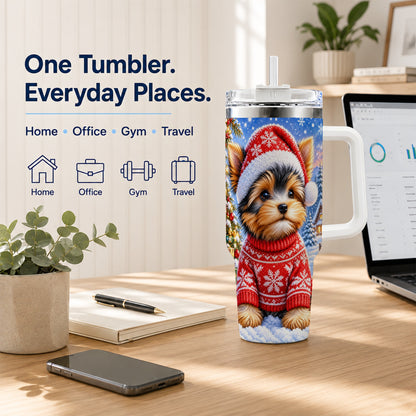#pl[40oz|White] Santa Yorkie 40oz Tumbler with Handle, Snowy Dog Stainless Steel Cup