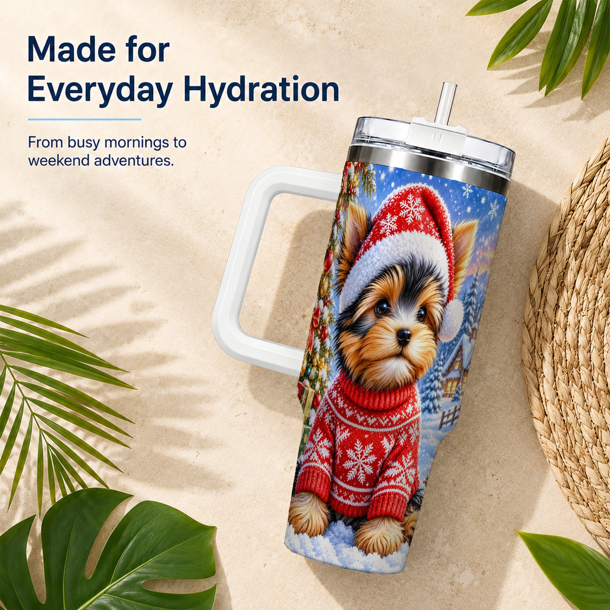 #pl[40oz|White] Santa Yorkie 40oz Tumbler with Handle, Snowy Dog Stainless Steel Cup
