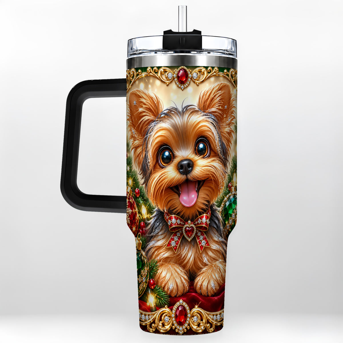 #pl[40oz|Black] Jeweled Yorkie 40oz Tumbler with Handle, Christmas Dog Stainless Steel Cup