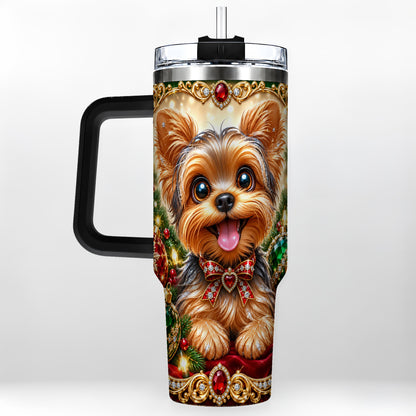 #pl[40oz|Black] Jeweled Yorkie 40oz Tumbler with Handle, Christmas Dog Stainless Steel Cup