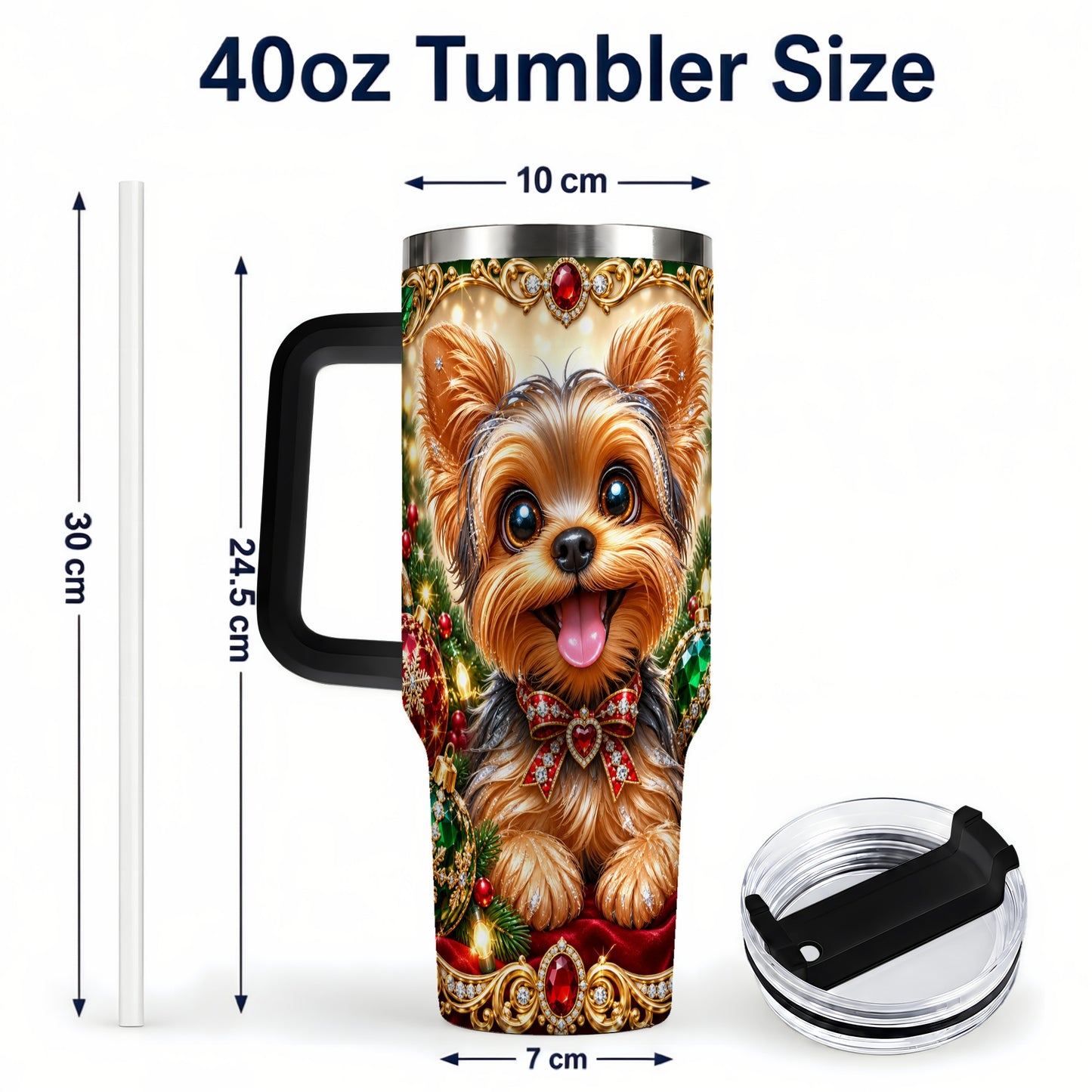 #pl[40oz|Black] Jeweled Yorkie 40oz Tumbler with Handle, Christmas Dog Stainless Steel Cup