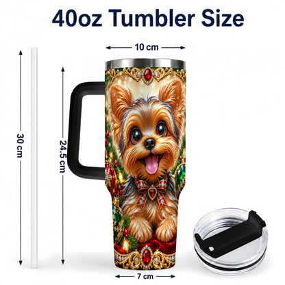#pl[40oz|Black] Jeweled Yorkie 40oz Tumbler with Handle, Christmas Dog Stainless Steel Cup