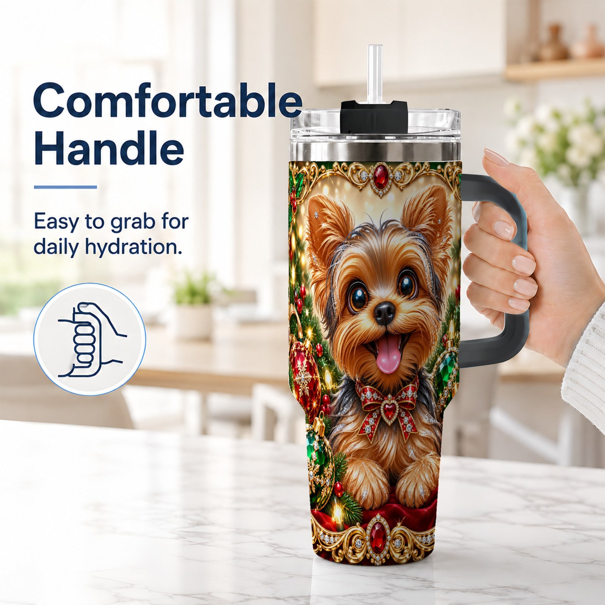 #pl[40oz|Black] Jeweled Yorkie 40oz Tumbler with Handle, Christmas Dog Stainless Steel Cup