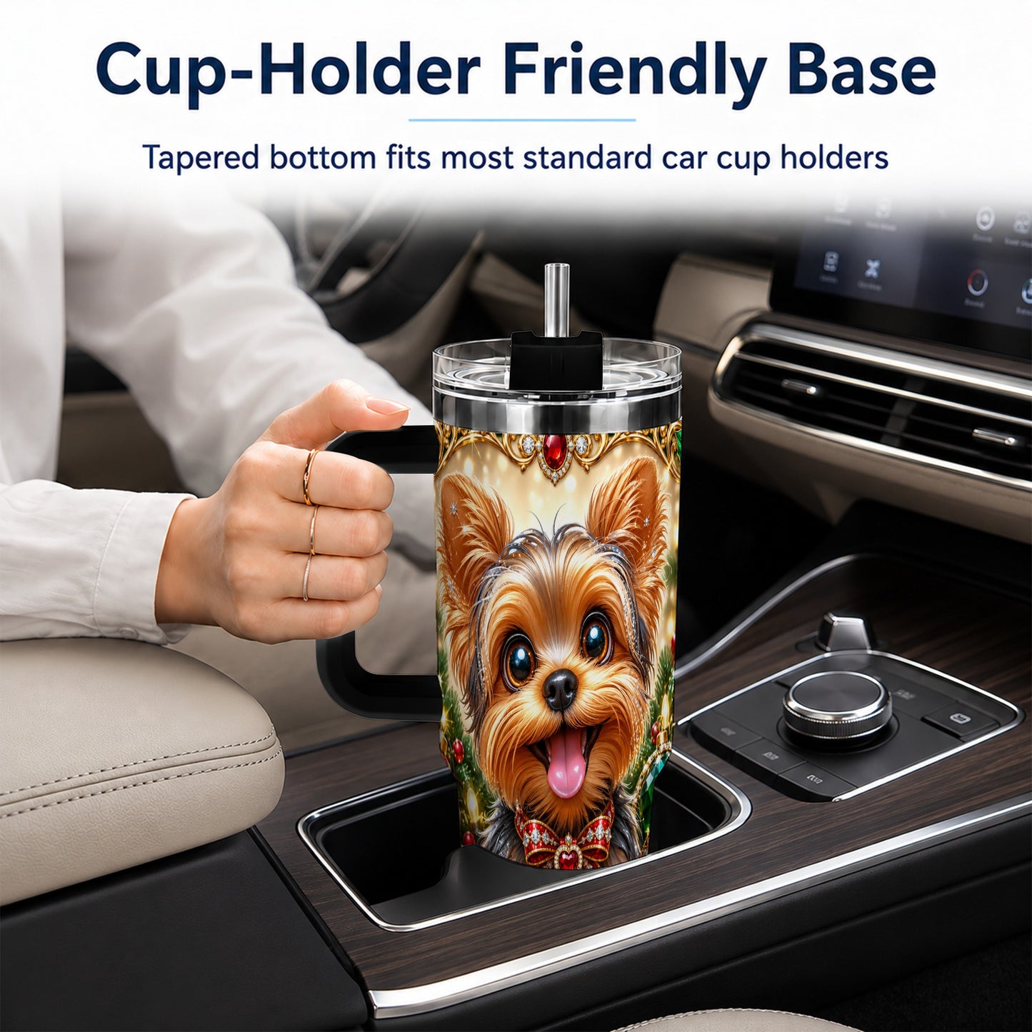 #pl[40oz|Black] Jeweled Yorkie 40oz Tumbler with Handle, Christmas Dog Stainless Steel Cup