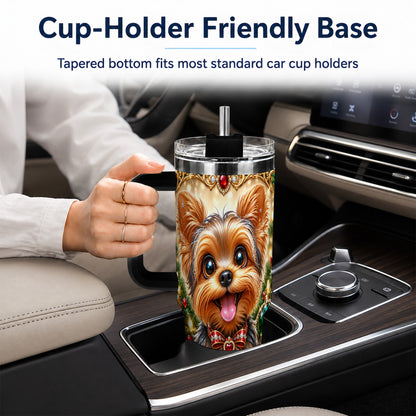 #pl[40oz|Black] Jeweled Yorkie 40oz Tumbler with Handle, Christmas Dog Stainless Steel Cup
