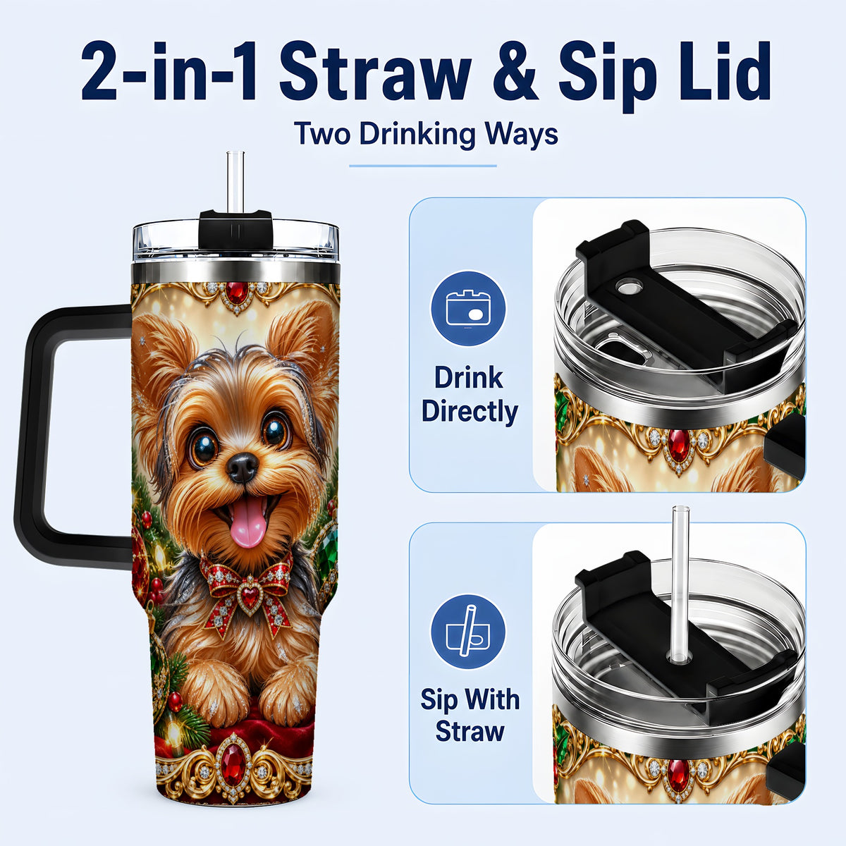 #pl[40oz|Black] Jeweled Yorkie 40oz Tumbler with Handle, Christmas Dog Stainless Steel Cup