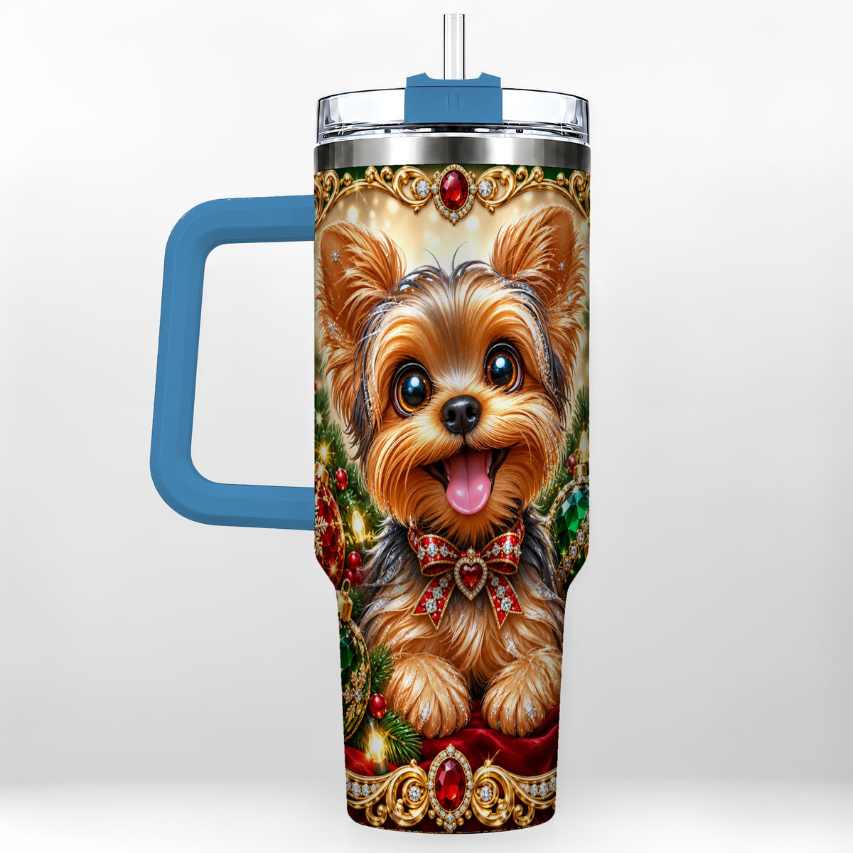 #pl[40oz|Blue] Jeweled Yorkie 40oz Tumbler with Handle, Christmas Dog Stainless Steel Cup