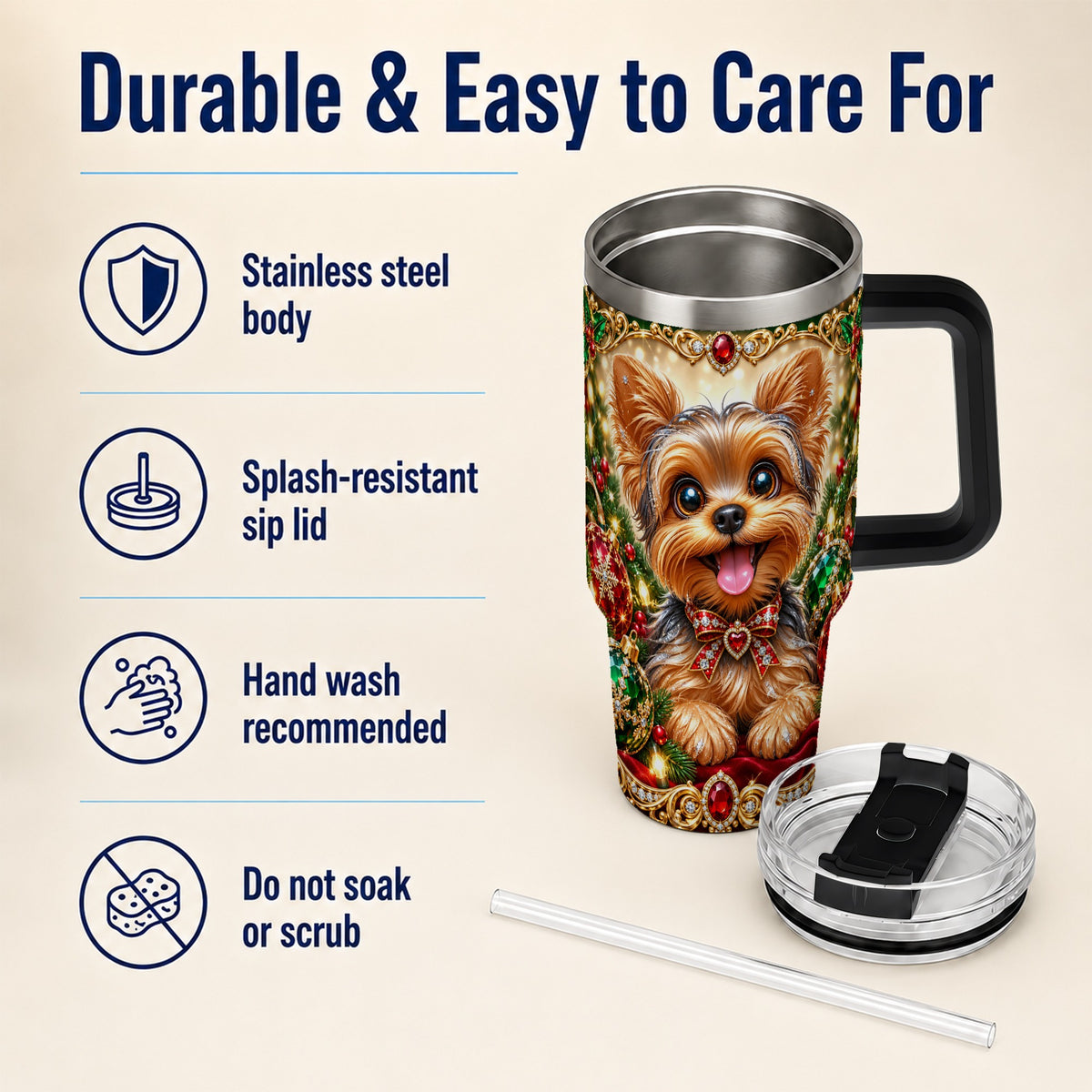 #pl[40oz|Black] Jeweled Yorkie 40oz Tumbler with Handle, Christmas Dog Stainless Steel Cup