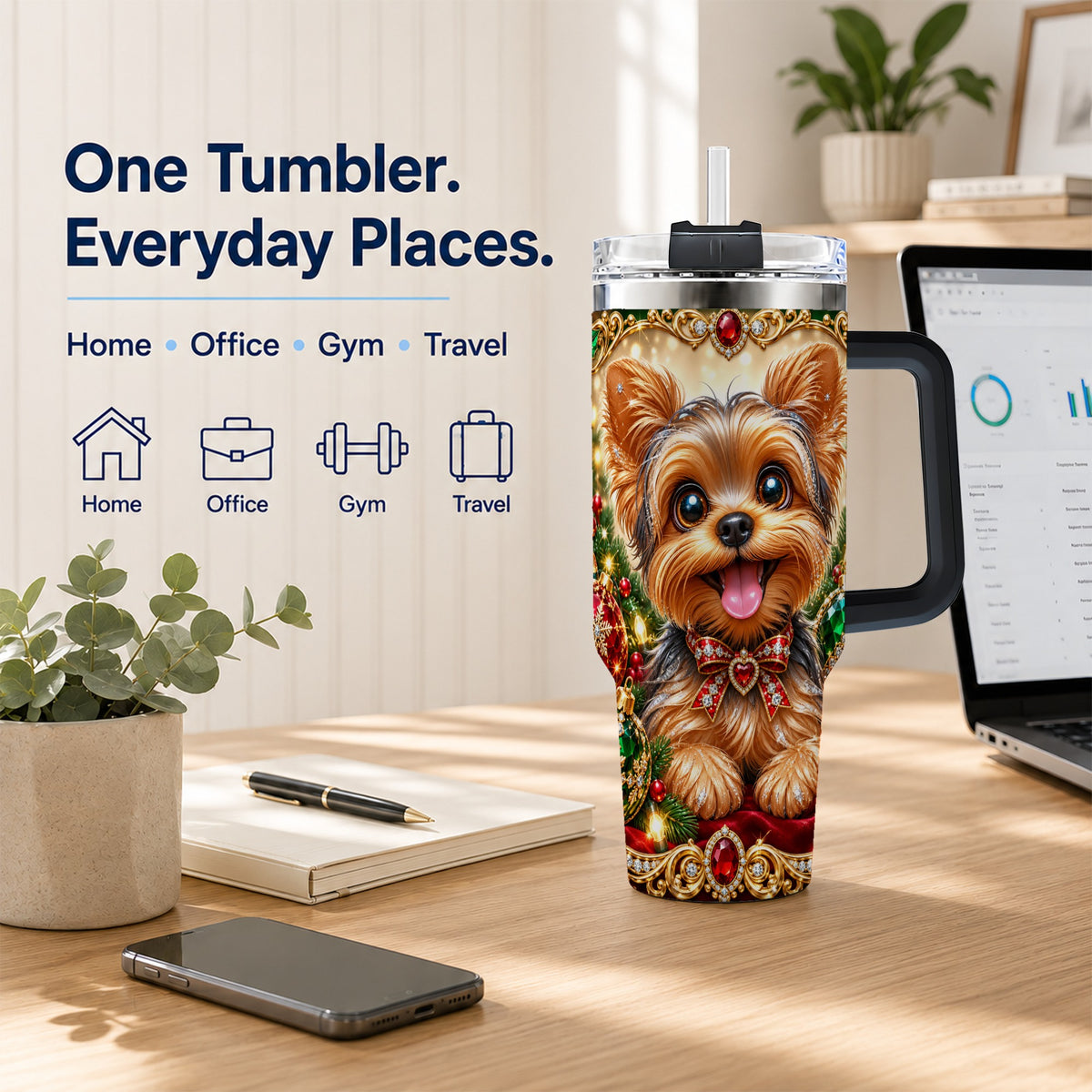 #pl[40oz|Black] Jeweled Yorkie 40oz Tumbler with Handle, Christmas Dog Stainless Steel Cup